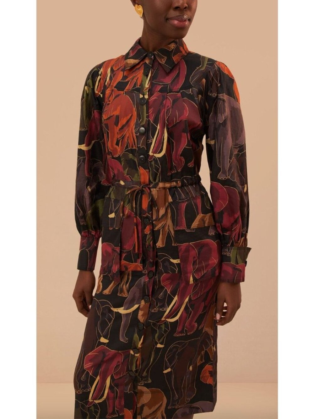Farm Rio Elephants Brown Long Sleeve Midi Dress Safari Trench Button Front Sz XS - Picture 4 of 4